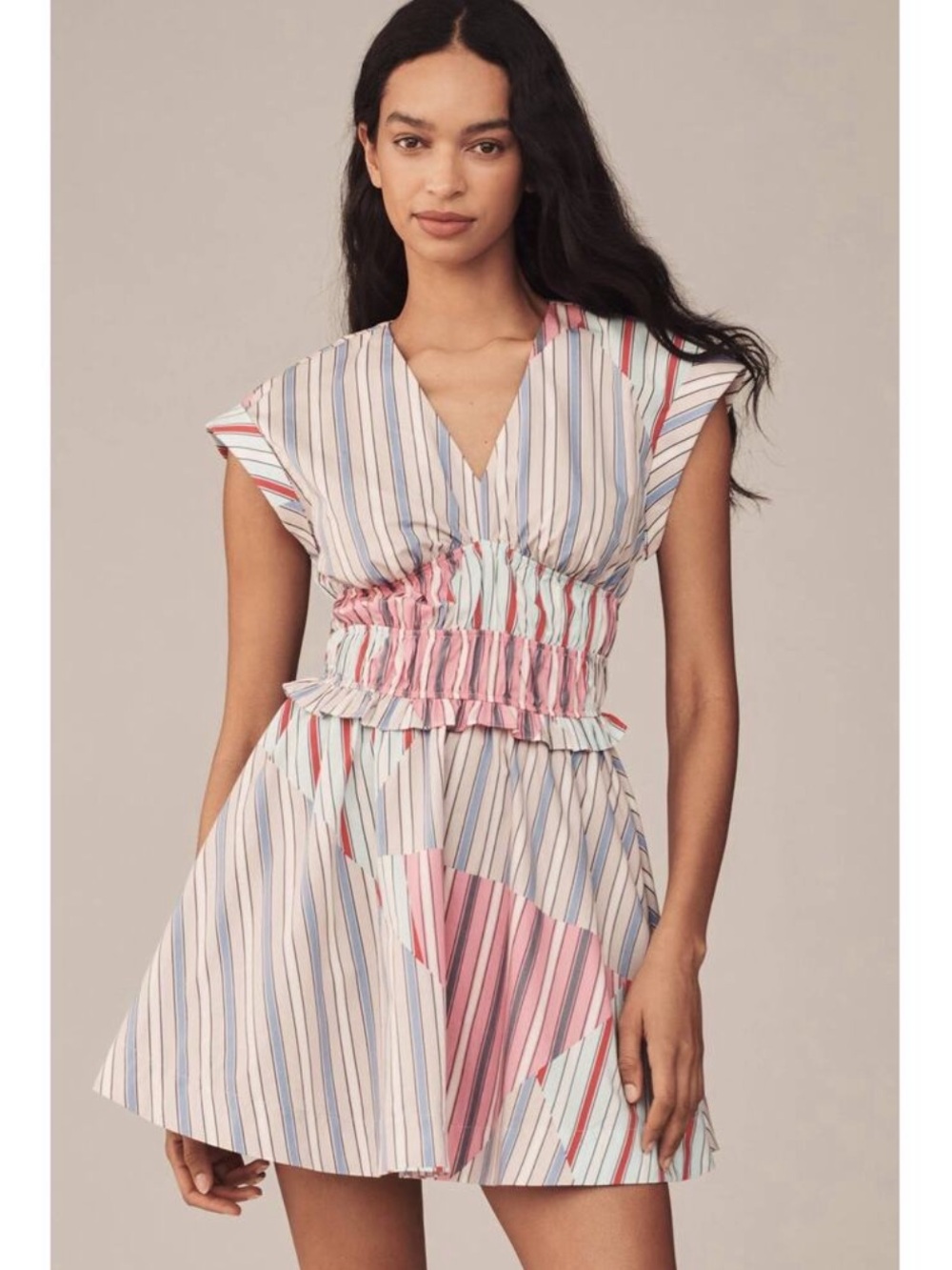 Anthropologie Cap Sleeve V-neck Mini Dress Size XL Striped Geometric Print EUC